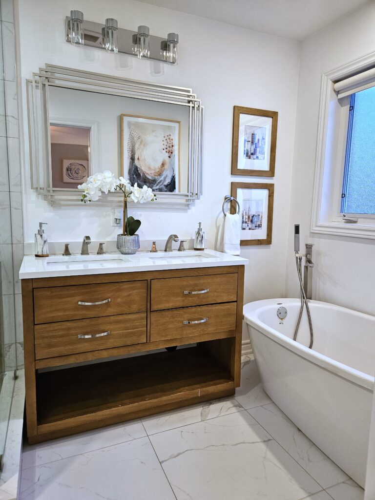 gorgeous bathroom with stand alone bathtub