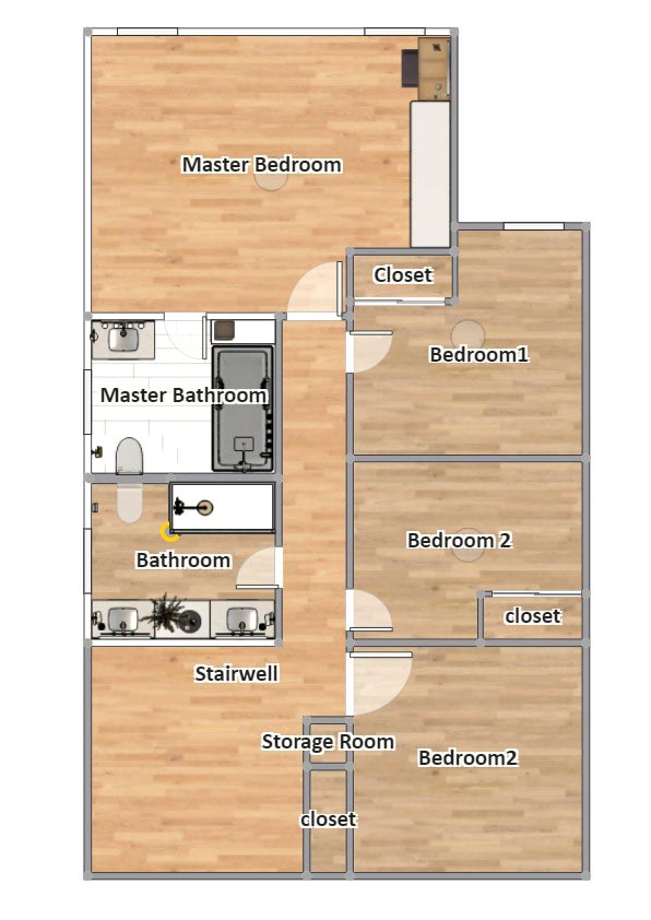 Upstairs Floor Plan showing 4 Bedrooms with stairwell