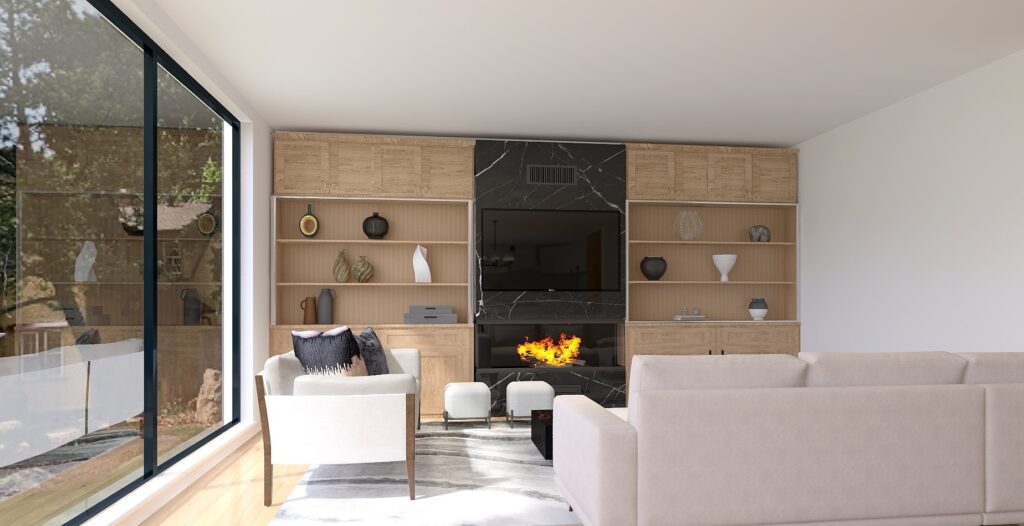 Family room with fireplace, white sofa, built in custom cabinet