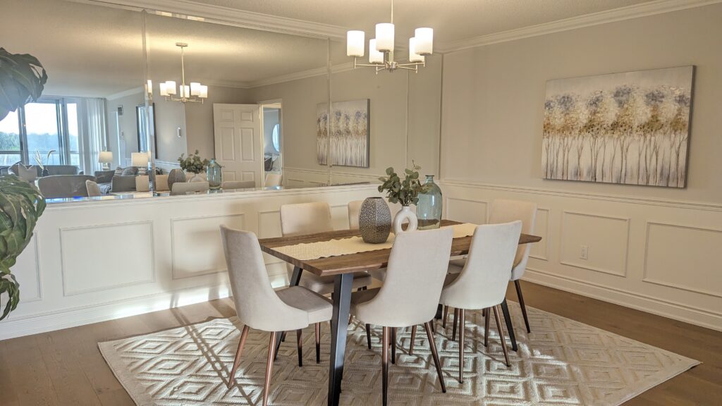 Big dining table in mirror dining room