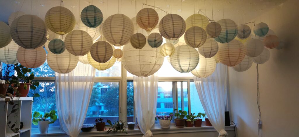 chinese lantern floating in ceiling