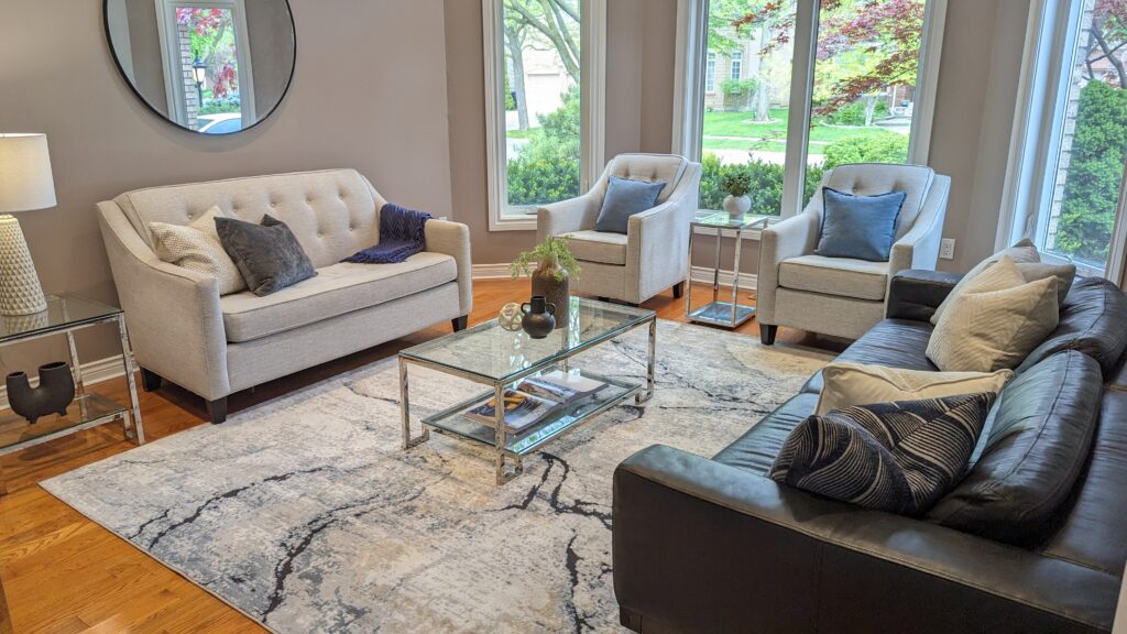 Modern living room with big french windows